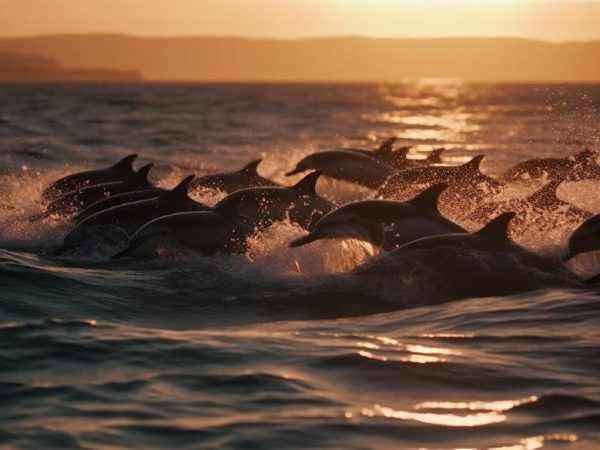 playful dolphins splashing sunset waves generated by ai